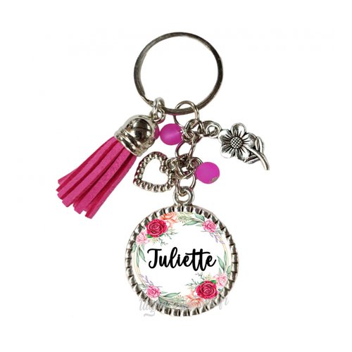 Porte-clés thème fleur rose, prénom personnalisé