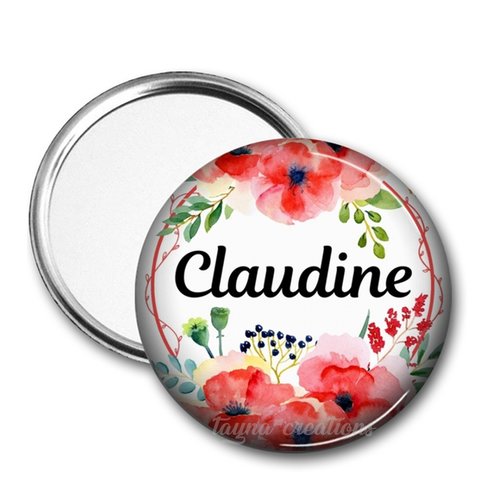 Miroir de poche personnalisable avec prénom coquelicot, deux tailles disponibles