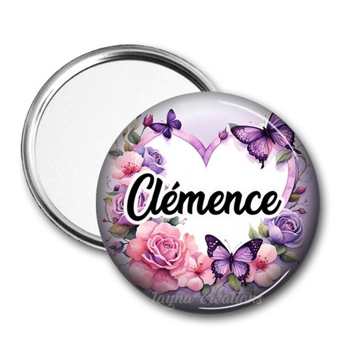 Miroir de poche personnalisable avec prénom thème fleur papillon, deux tailles disponibles