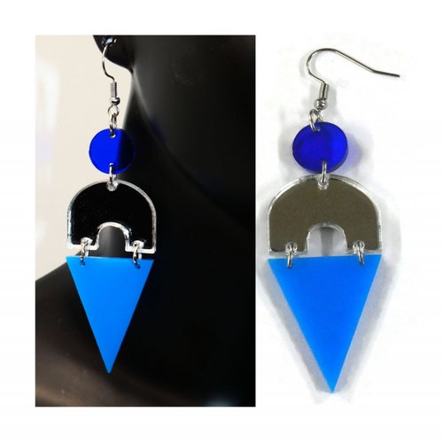 Boucles d'oreilles bleu et miroir, longue boucle d'oreille