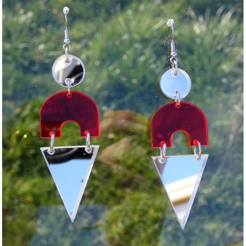 Boucles d'oreilles rouge et miroir, longue boucle d'oreille