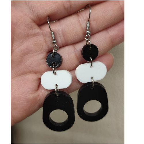 Boucles d'oreilles géométriques en acrylique noir et blanc, longue boucle d'oreille