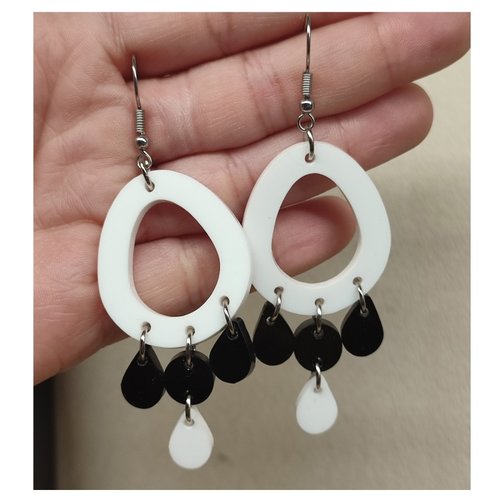 Boucles d'oreilles pampille en acrylique noir et blanc, longue boucle d'oreille