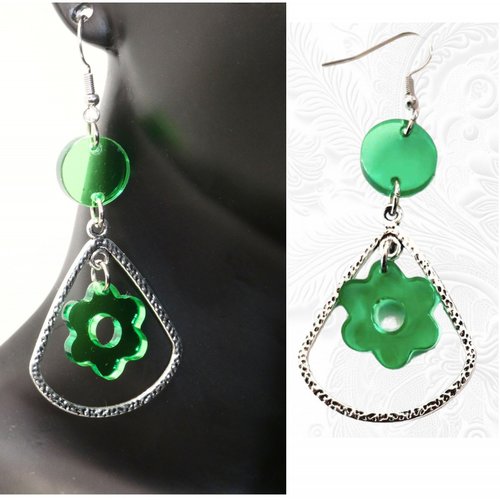 Boucles d'oreilles verte et argenté, boucle d'oreille légère