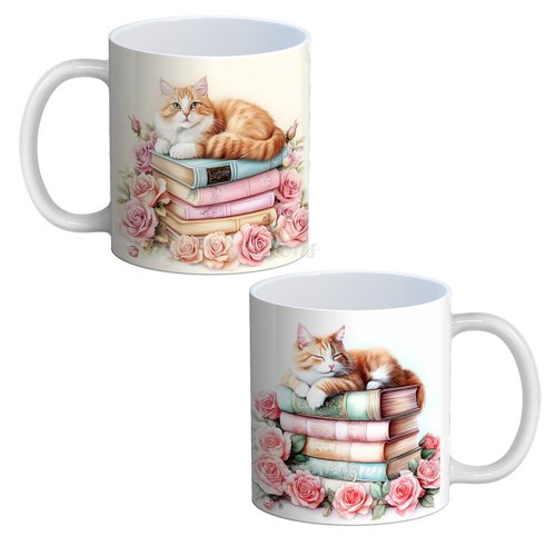 Mug chat roux, mug tasse chat sur livre