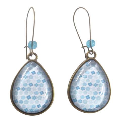 Boucles d'oreille fleur bleu ciel goutte, verre et bronze