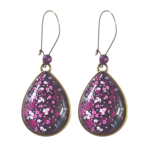 Boucles d'oreille fleur cerisier goutte, verre et bronze