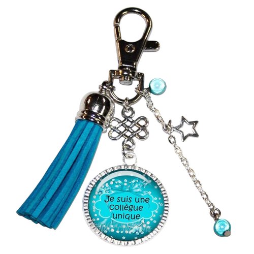 Porte-clés « je suis une collègue unique » — cabochon résine 25 mm, pompon turquoise