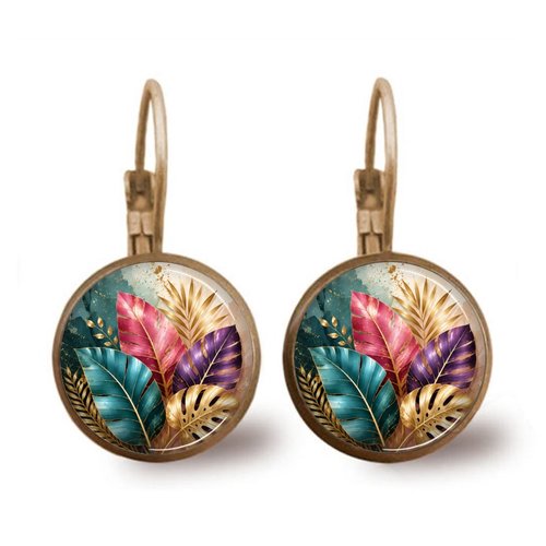 Boucle d'oreille feuille exotique, dormeuse cabochon verre 20 mm