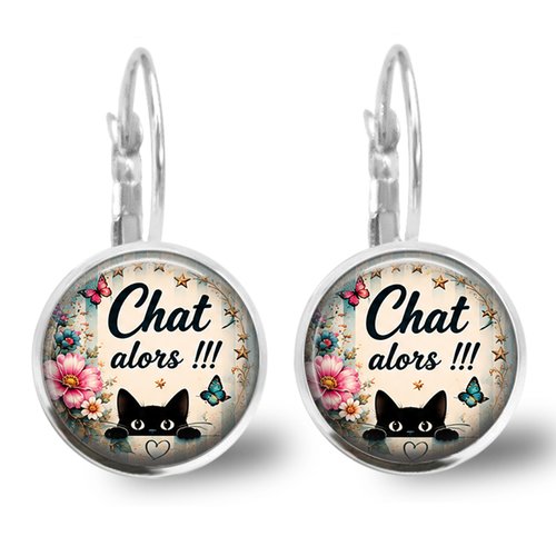 Boucle d'oreille chat alors, dormeuse cabochon verre 20 mm