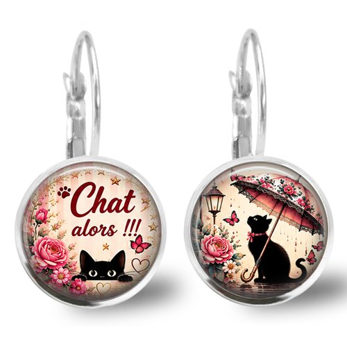 Boucle d'oreille chat alors, dormeuse cabochon verre 20 mm