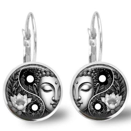 Boucle d'oreille bouddha yin yang, dormeuse cabochon verre 20 mm