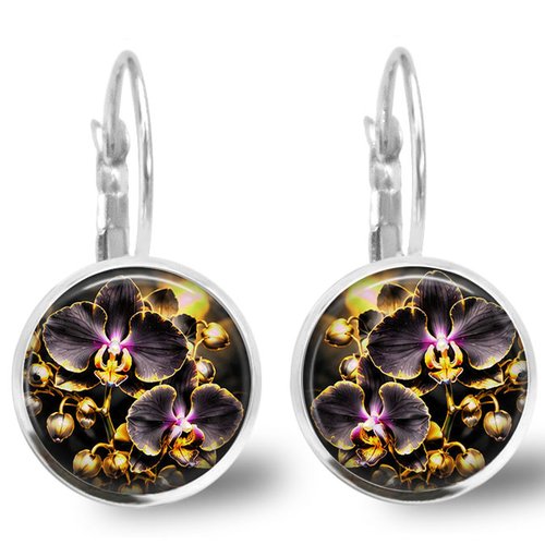 Boucle d'oreille fleur orchidée argenté et verre dormeuses