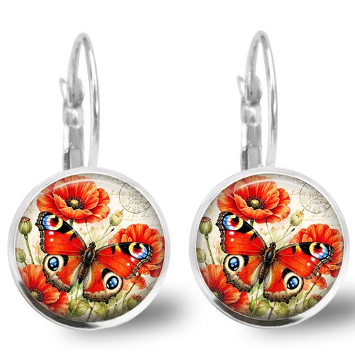 Boucle d'oreille papillon argenté et verre dormeuses