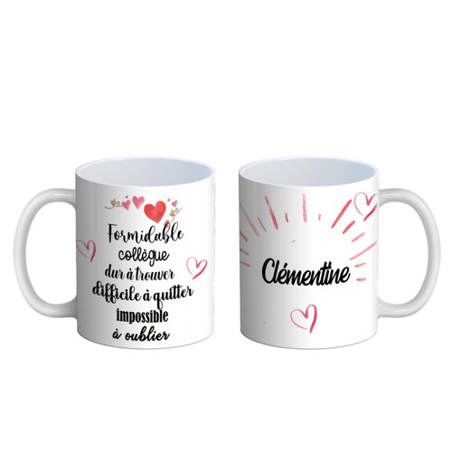 Mug collègue personnalisable, formidable collègue dur à trouver, difficile à quitter, impossible à oublier, recto verso
