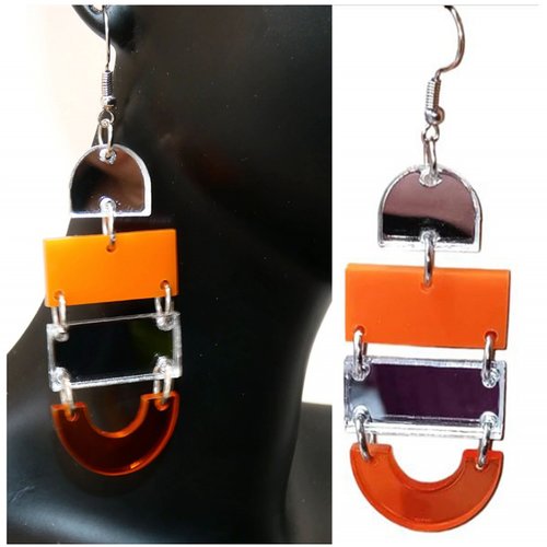 Boucles d'oreilles orange et miroir, longue boucle d'oreille