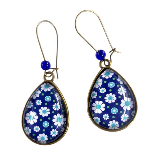 Boucles d'oreille fleur goutte, verre et bronze