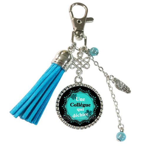 Porte-clés « une collègue qui déchire » — cabochon résine 25 mm, pompon turquoise