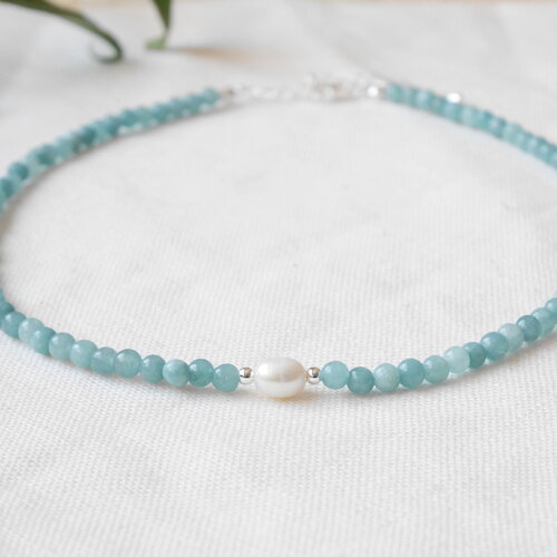 Collier perles aigue-marine et nacre | ras-de-cou bleu clair | bijou romantique femme, idée cadeau