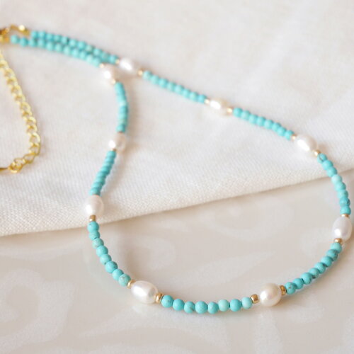 Collier perles turquoise et nacre | ras-de-cou pierres fines bleu et blanc | bijou délicat femme, idée cadeau
