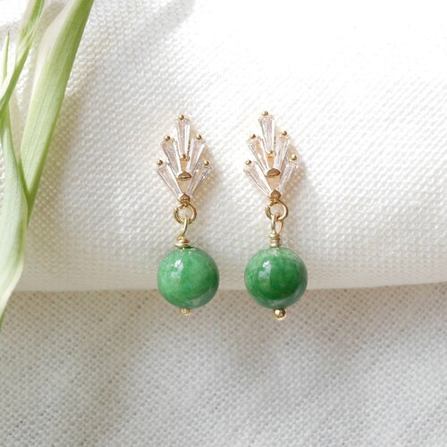 Boucles d'oreilles pendantes art déco en jade vert, or et zircone, élégantes et délicates pour mariées et demoiselles d'honneur