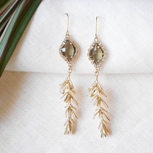 Long smoked leaf earrings | elegant gold dangle earrings | glamour jewelry inspired by rosemary leaves