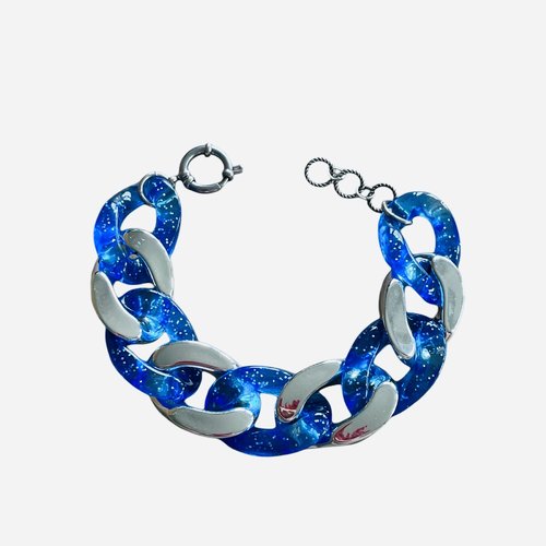 Bracelet maillons bleus transparent à paillettes et argenté