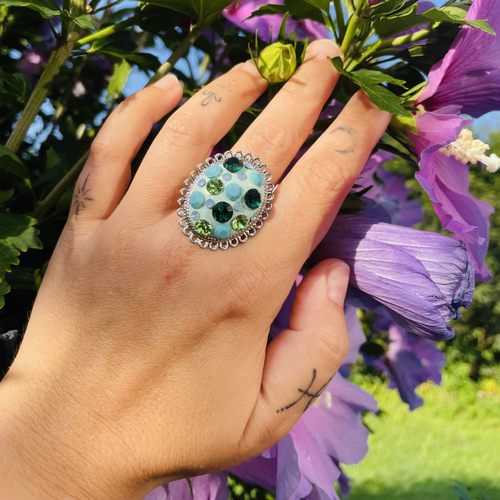 Bague grande ovale verte et turquoise