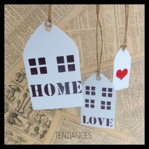 3 etiquette metal en forme de maison home, love ,coeur 
