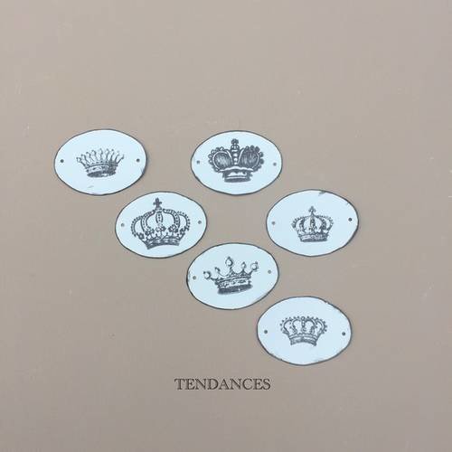 6 étiquettes métal oval 4,5x 3,5 cm impression couronnes 