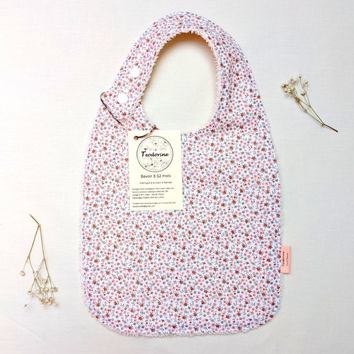 Bavoir bébé,  éponge de coton biologique, tissu coton oeko-tex, petites fleurs, corail et thym, téodorine