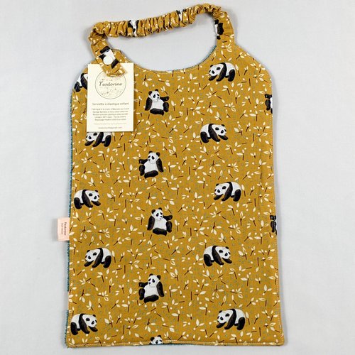 Serviette de table à élastique pour enfants, éponge de bambou oéko-tex, pandas, fond jaune, téodorine