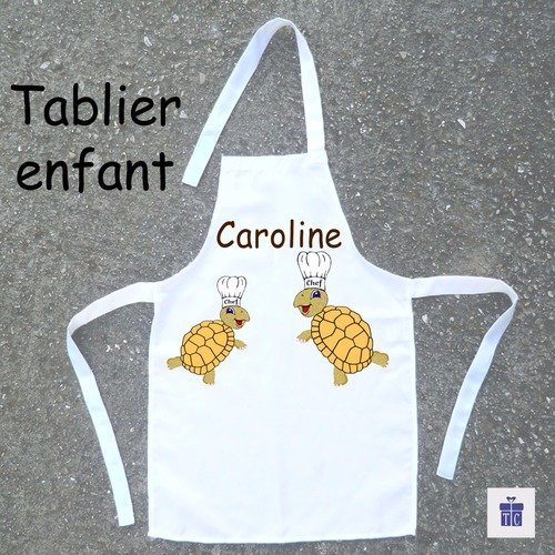 Tablier de cuisine enfant tortue à personnaliser avec un prénom (ex. caroline)