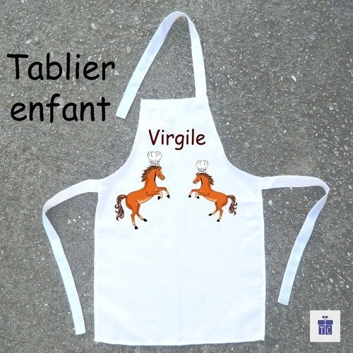 Tablier de cuisine enfant cheval cabrer à personnaliser avec un prénom (exemple virgile)