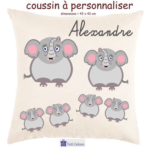 Coussin écru au toucher très doux, eléphant à personnaliser avec un prénom exemple alexandre