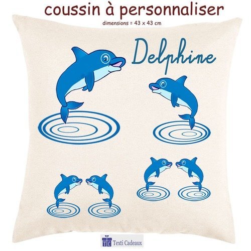 Coussin écru au toucher très doux, dauphin à personnaliser avec un prénom exemple delphine