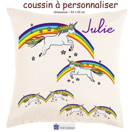 Coussin écru au toucher très doux, licorne personnalisé avec un prénom exemple julie