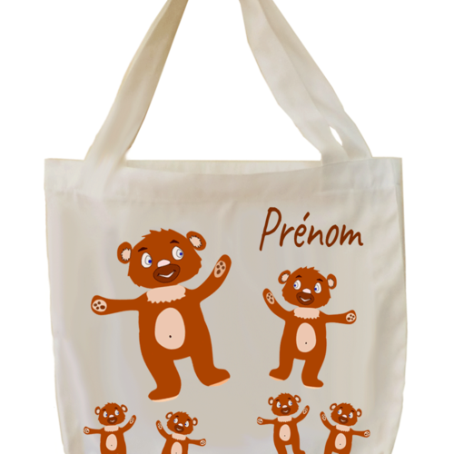 Tote bag, agréable au toucher, motif nounours, à personnaliser…..