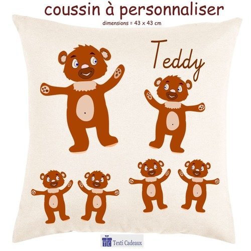 Coussin écru au toucher très doux, nounours à personnaliser avec un prénom exemple teddy