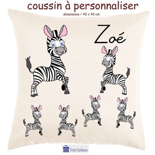 Coussin écru au toucher très doux, zèbre à personnaliser avec un prénom exemple zoé