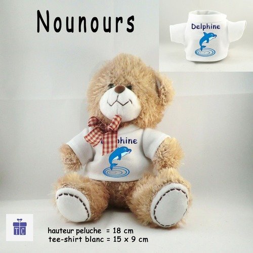 Personnalisez un ours peluche avec un tee shirt dauphin avec un prénom (ex. isabelle)