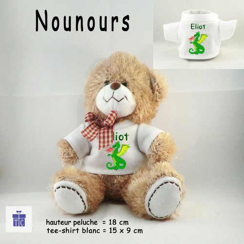 Personnalisez un ours peluche avec un tee shirt dragon avec un prénom (ex. eliot)