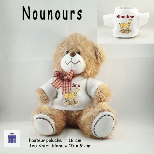 Peluche nounours- tee shirt chèvre- personnaliser avec prénom exemple blandine