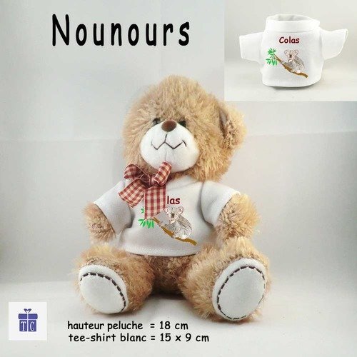 Peluche nounours- tee shirt koala- personnaliser avec prénom exemple colas