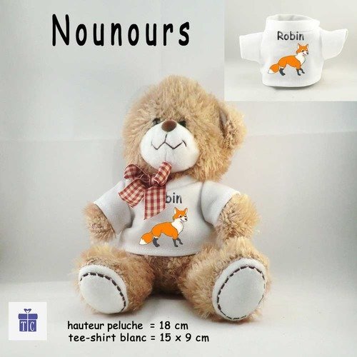 Peluche nounours-tee shirt renard- personnaliser avec prénom exemple robin