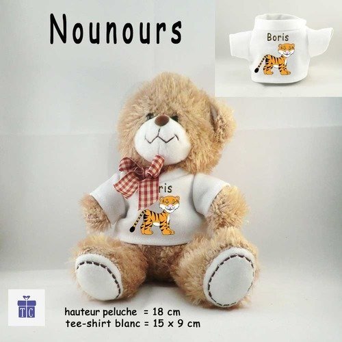 Peluche nounours-tee shirt tigre- personnaliser avec prénom exemple boris