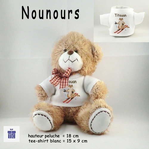 Peluche nounours-tee shirt marmotte au ski- personnaliser avec prénom exemple titouan