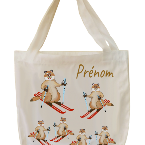 Tote bags, agréable au toucher, motif marmotte au ski, à personnaliser…..