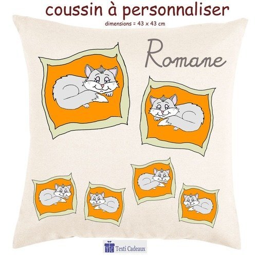 Coussin écru toucher très doux, motif chat sur un coussin à personnaliser avec prénom…