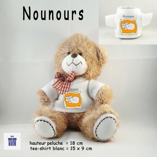 Peluche nounours-tee shirt chat sur un coussin- personnaliser avec prénom exemple romane